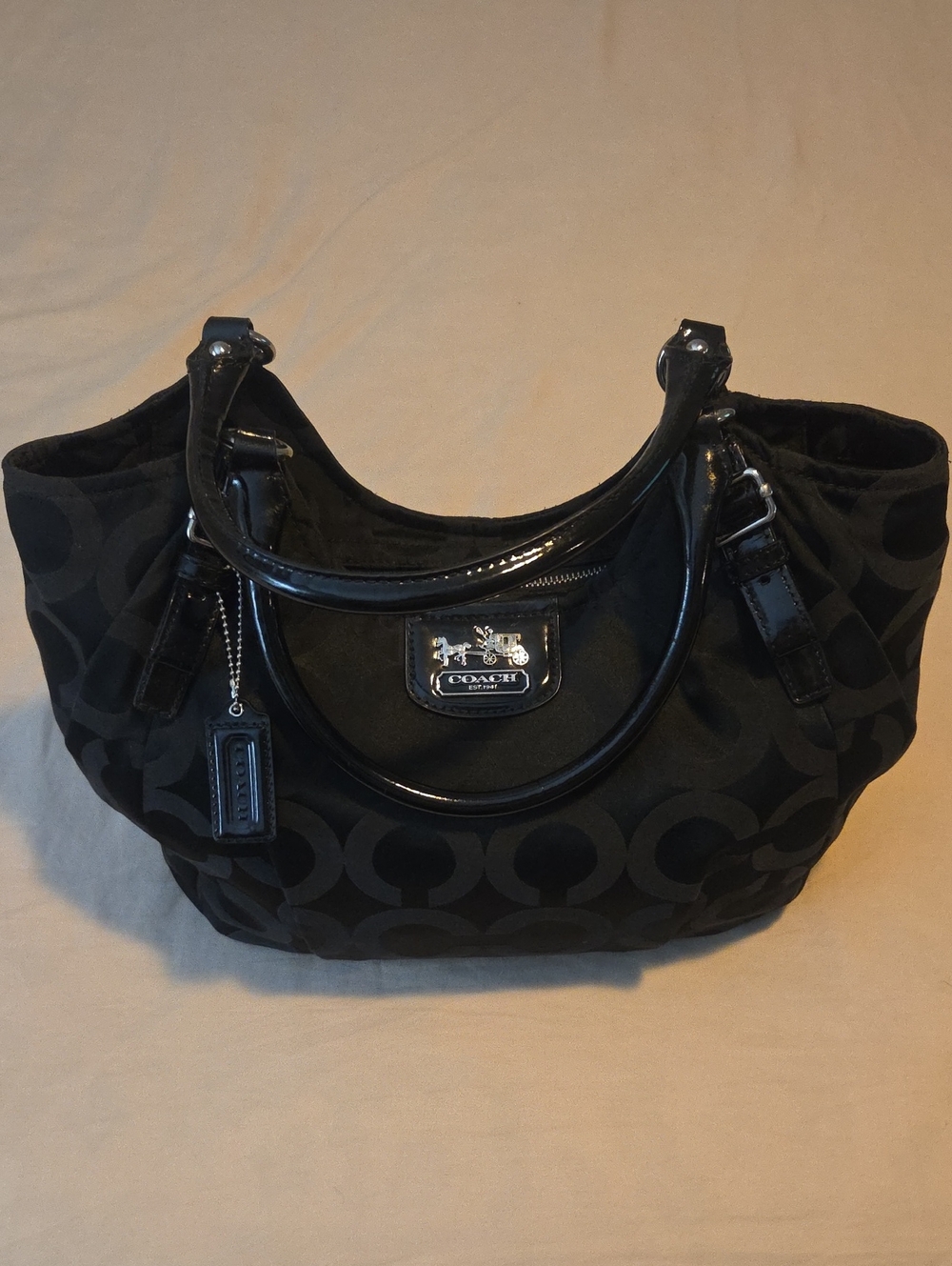 Coach Madison Op Art Black Signature Tote Bag with Patent Leather Trim